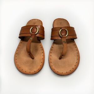 Frye Camel Brown Tan Leather Thong Flip Flops Sandals Brass Ring Women Size 9.5